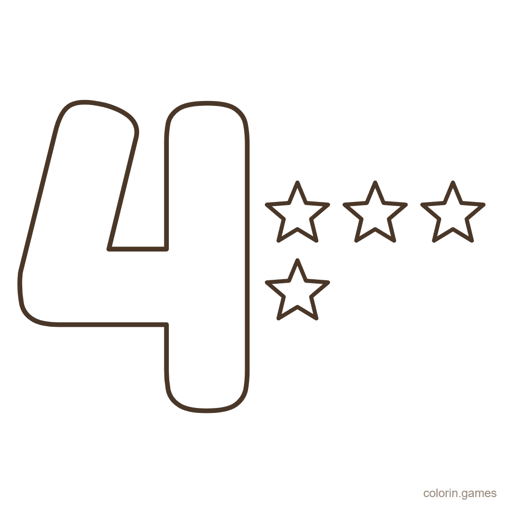 Número 4 para colorear con 4 estrellas