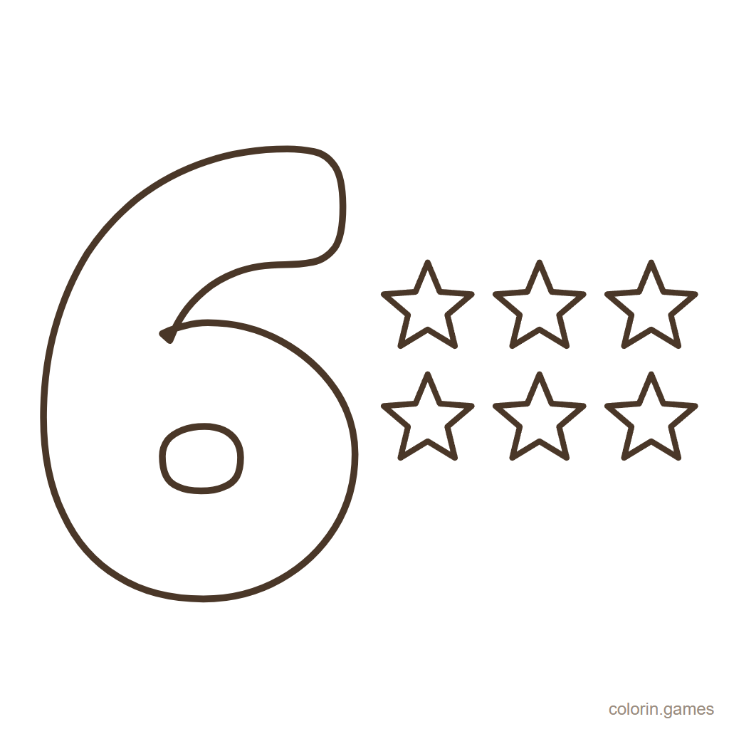 Número 6 para colorear con 6 estrellas