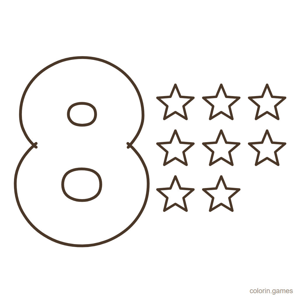 Número 8 para colorear con 8 estrellas