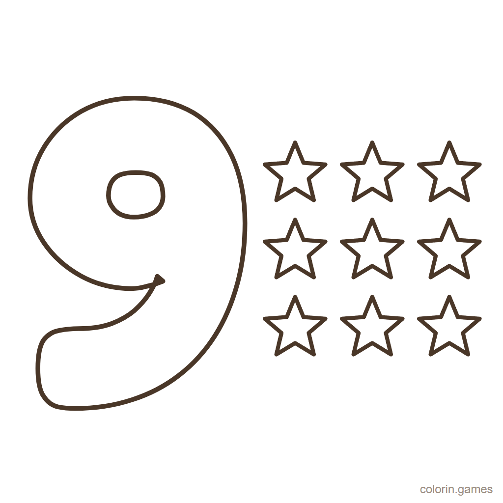 Número 9 para colorear con 9 estrellas